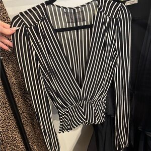 Reformation Black and White Striped Wrap Blouse